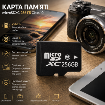 Карта пам’яті microSDXC 256 ГБ Class 10, microSD для смартфона, камери, відеореєстратора та планшета