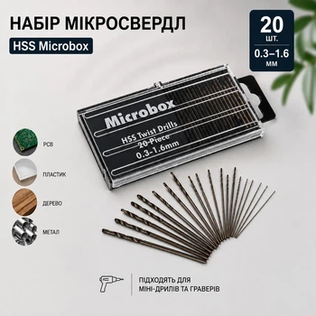 Набор микросверл HSS Microbox 20 шт. 0.3–1.6 мм – спиральные сверла для PCB, ювелирных работ, пластика, дерева и металла (144207402)