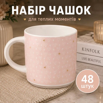 Набор фарфоровых чашек 48 штук в коробке 350 мл Love чашки на подарок в школу для чая и кофе Розовый