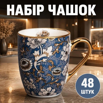 Набор фарфоровых чашек 48 штук в коробке 400 мл чашки на подарок в школу для чая и кофе Синий