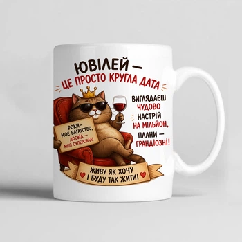 Чашка керамічна біла 330 мл з принтом "ЮВІЛЕЙ — ЦЕ ПРОСТО КРУГЛА ДАТА" подарунок для себе або друзям