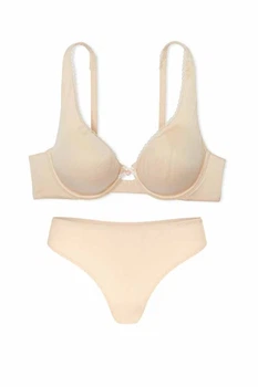 Комплект белья: бюстгальтер с мягкой чашкой и трусики стринг Victoria's Secret 70C/XS Бежевый (153666)