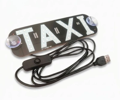 Яркая светодиодная табличка TAXI такси с кнопкой 19 х 6.3см и USB универсальная авто подсветка на лобовое стекло на присосках. Цвет синий
