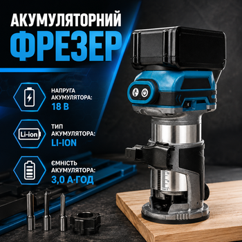 Акумуляторний фрезер Boxer BX-216 18 В із двома батареями 3 А·год, регулюванням швидкості, алюмінієвою базою та цангами 6 і 8 мм