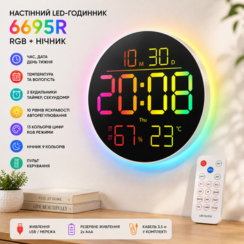 Цифровые настенные часы 6695R RGB с пультом управления 25 см календарь температура влажность LED подсветка 10 уровней яркости круглые