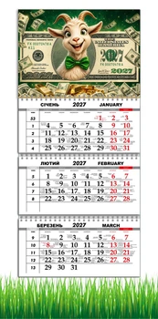 Календарь настенный квартальный на 2027 год на три пружины, Apriori, год Козы, символ года Коза , Успех , 29,7х61см ,97 вид