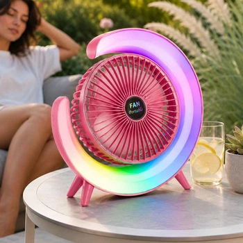Настольный вентилятор аккумуляторный A3 с RGB подсветкой USB поворотный 180° 3 скорости Розовый
