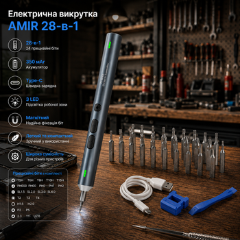 Электрическая отвертка AMIR 28-в-1, 24 прецизионные биты, 350 мАч, USB Type-C, 3 LED, магнитный набор для ремонта