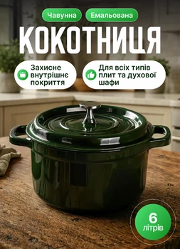 Кокотница кастрюля чугунная эмалированная 6.5 л жаровня гусятница для тушения и запекания 5 мм толщина для всех видов плит Зеленый