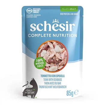 Влажный корм Schesir Tuna with Seabass тунец с окунем в желе для кошек, пауч 85г (8005852171054)