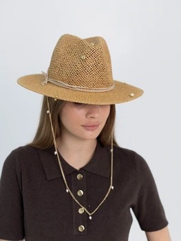 Шляпа Федора из рафия с золотистой цепью с жемчужинами D.Hats коричневая