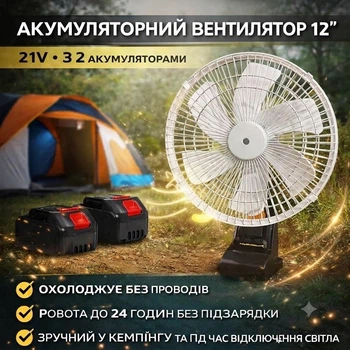 Портативный вентилятор VAP-12 с функцией автозахождения / Аккумуляторный вентилятор 12", 21V 2 АКБ