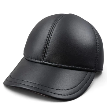 Чоловіча шкіряна кепка-бейсболка з натуральної шкіри барана з вушками та флісовою підкладкою, чорна