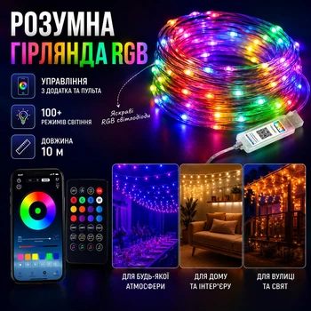 Декоративна світлодіодна RGB гірлянда IP65 з управлінням через додаток та пульт 10 м, 200 світлодіодів Різнокольорова