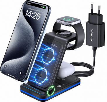 Беспроводная зарядная станция 3 в 1 MANKIW 15 Вт для iPhone, Apple Watch и AirPods, складная