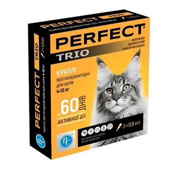 Perfect Trio для котів 4–10 кг — краплі від бліх, кліщів та гельмінтів, 3 піпетки по 0,8 мл