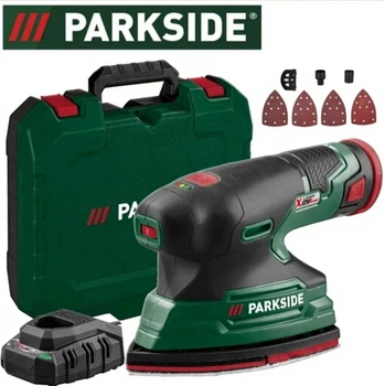 Мультишлифовальная машина Parkside 12 В аккумуляторная с индикатором заряда 11000 обмин 613 г с набором наждачной бумаги и кейсом для хранения для дерева металла и пластика эргономичная модель