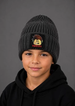 Детская зимняя шапка на флисе с нашивкой Роблокс (Roblox) 52-56 см Темно-серый