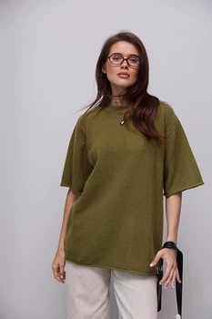 В'язана кофта oversize з коротким рукавом - хакі колір, ONE SIZE