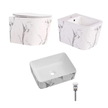 Комплект Qtap Tern Marble 3 в 1: підвісний унітаз + біде підвісне + раковина накладна