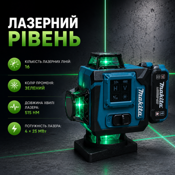 Лазерные уровни Makita Лазерный уровень Makita SK700GDZ 4D Нивелир на 16 зелёных линий Строительный лазер со штативом кейсом и двумя аккумуляторами