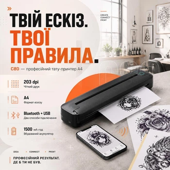 Профессиональный портативный беспроводной Bluetooth/USB трансферный тату термопринтер "C80" формата А4 со встроенным аккумулятором