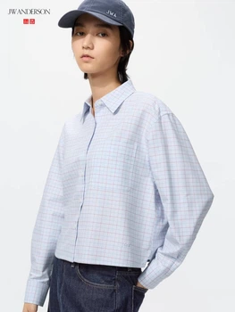 Укороченная рубашка свободного кроя JW ANDERSON UNIQLO в клетку 1159862495 (Голубой XL)