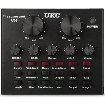 Внешняя звуковая карта UKC V8 Bluetooth для стриминга записи голоса и подкастов с 12 звуковыми эффектами и 6 режимами изменения голоса металлический корпус 1000 мАч Черная