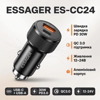 Автозарядний пристрій Essager у прикурювач 30 Вт USB Type-C USB-A PD QC 3.0 (ES-CC24), чорний