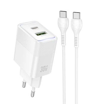 Сетевое зарядное устройство hoco. CS112A Lounge, PD30W/QC3.0, 2 порта USB-A и Type-C, быстрая зарядка 30W, кабель Type-C to Type-C в комплекте White
