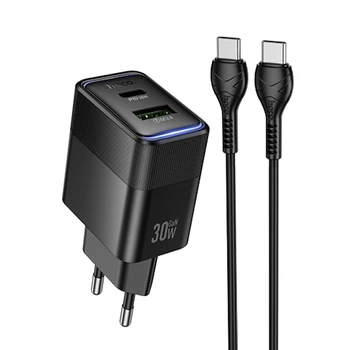 Сетевое зарядное устройство hoco. CS112A Lounge, PD30W/QC3.0, 2 порта USB-A и Type-C, быстрая зарядка 30W, кабель Type-C to Type-C в комплекте Black