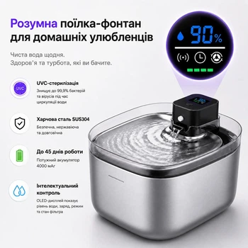 Поїлка-фонтан для котів і собак Pure Tech F-018 PRO з UVC стерилізацією, акумулятором і датчиком руху 5.5 л (Сталь)