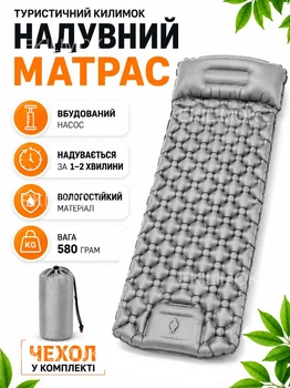 Надувной туристический матрас каремат 190х60 см со встроенным насосом легкий компактный и удобный для походов кемпинга палатки рыбалки и отдыха влагостойкий с чехлом в комплекте Серый