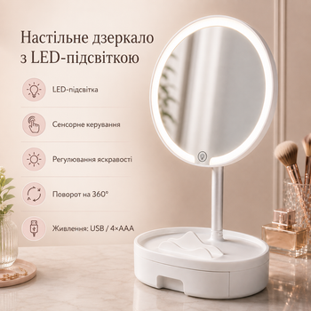 Настольное зеркало с LED подсветкой Зеркало для макияжа с подсветкой Косметическое зеркало для столика с питанием от USB и батареек
