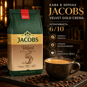 Кофе в зернах Jacobs Velvet Gold Crema зерновая натуральная арабика робуста среднего обжаривания с кофеином немецкая для кофемашины эспрессо американо капучино латте сладкая кремовая ореховая какао 1000 г