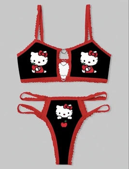 Комплект женского белья Хелоу Кити Топ и трусики Hello Kitty Lingerie Set Аниме Санрио Y2K тренд (черно-красный) M
