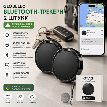 Bluetooth-трекеры GLOBELEC 2 шт. для Android, Google Find Hub, поиск ключей и багажа, BLE, IP65, Black