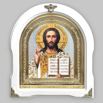 Икона Спаситель, лик 15х18 см, в белом деревянном киоте, арка, 08948