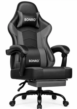 Геймерское кресло Bonro B-203 серое игровое компьютерное с функцией качания и подставкой для ног (163-76-42412128)
