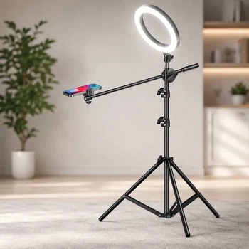 Штатив для телефона с кольцевой LED лампой и штангой-журавлем, регулировка высоты 55–170 см