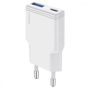 Зарядное устройство Proove Slender 30W Сетевой адаптер 1USB/1Type-C с быстрой зарядкой QC4+/PD3.0, Белый