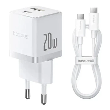 Зарядний пристрій Baseus Palm Fast Charger 20W Мережевий адаптер Type-C/USB зі швидкою зарядкою QC3.0/PD3.0 та кабелем Type-C to Type-C 60W, Білий