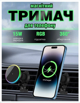 Держатель для телефона в автомобиль магнитный для android и iPhone смартфона с беспроводной зарядкой с RGB подсветкой magsafe