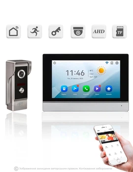 Відеодомофон WiFi домофон з камерою у квартиру IP сенсорний 7" IPS екран 1024×600 Smart Home керування зі смартфона запис фото відео ІЧ підсвітка нічне бачення керування замком microSD 128GB відеодомофонна система DKWAY AND-70