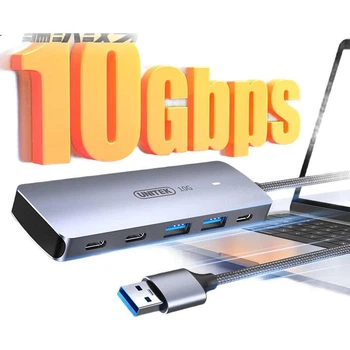 USB-концентратор UNITEK USB 3.2, високошвидкісна док-станція розширення 10 Гбіт/с, з блоком живлення Type-C, 4 порти, 2 порти USB-A + 2 порти Type-C, для ноутбуків і настільних комп'ютерів, подовжувальний кабель 1 метр.
