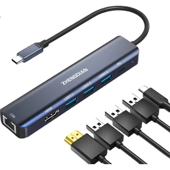 Док-станция расширения Acasis Full Power Type-C с гигабитным Ethernet-портом, HDMI-адаптером, совместимостью с ноутбуками Apple Mac и Huawei, а также USB 3.0 и блоком питания 7HN6.