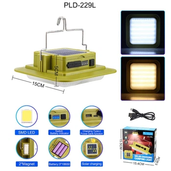Фонарь кемпинговый PLD-229L, 3х18650, солнечная панель, power bank, ЗУ Type-C, крючок, магнит