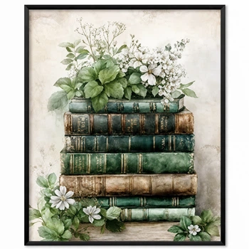 Постер «Vintage Botanical Library» «Зеленые книги и цветы» зеленый 30×40 см