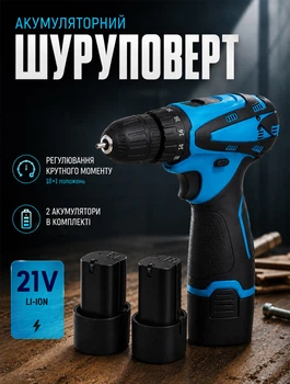 Аккумуляторный дрель-шуруповерт для монтажа и домашних работ 21 В 30 Нм с регулятором скорости, реверсом и двумя аккумуляторами в кейсе