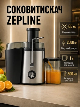 Соковыжималка Zepline соковыжиматель электрический центробежный бытовой для фруктов овощей яблок груш моркови твердых мягких продуктов 2500 Вт 2 скорости импульсный режим горловина 65 мм резервуар 500 мл нержавеющая сталь защитная блокировка